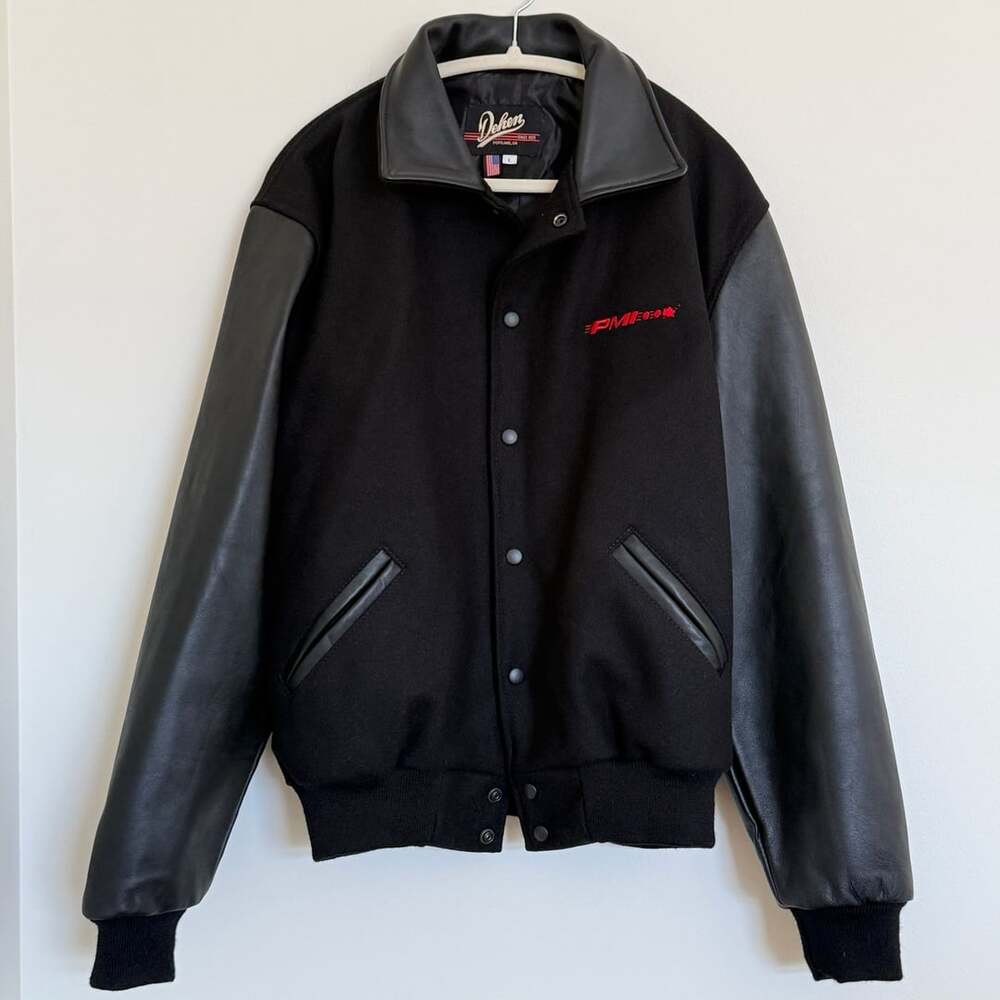 Dehen PMI Varsity Jacket Size L Black Wool Leather Letterman Jacket